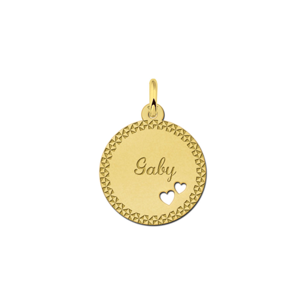 Gold-plated pendant with decorative border and two hearts