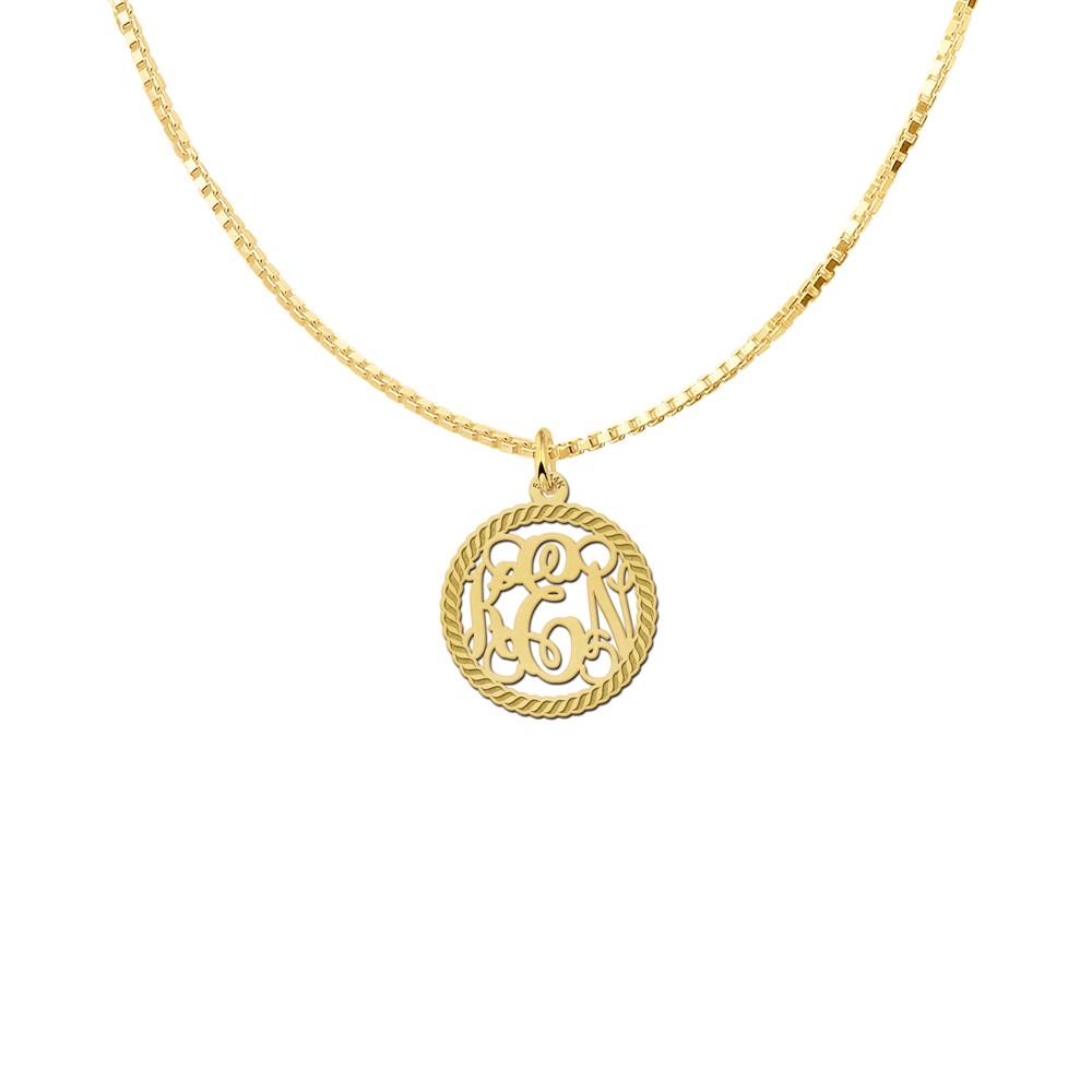 Gold Monogram Necklace with Engraved Border, Small