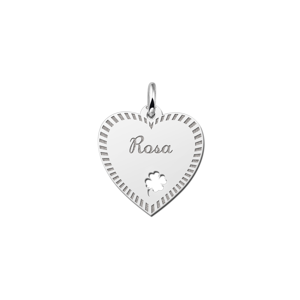 Silver Heart Nametag with Border and Four Leaf Clover