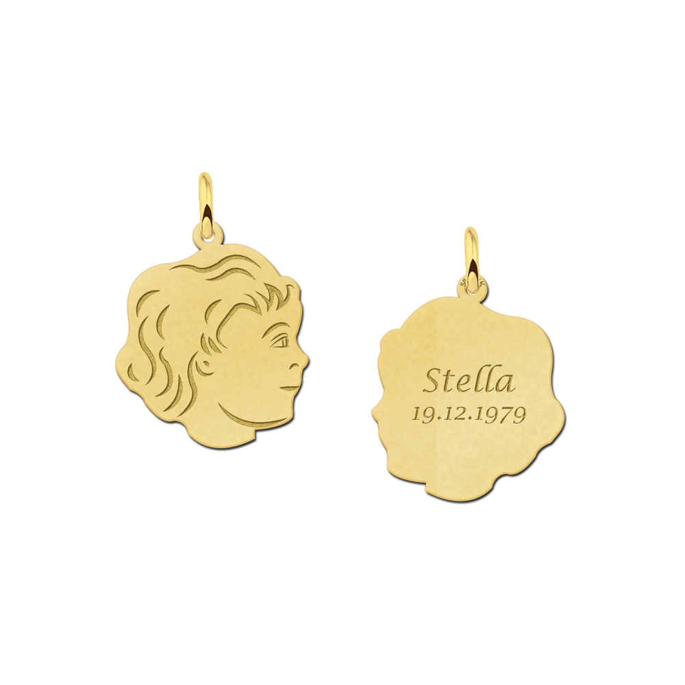 Gold child head pendant girl with back engraving