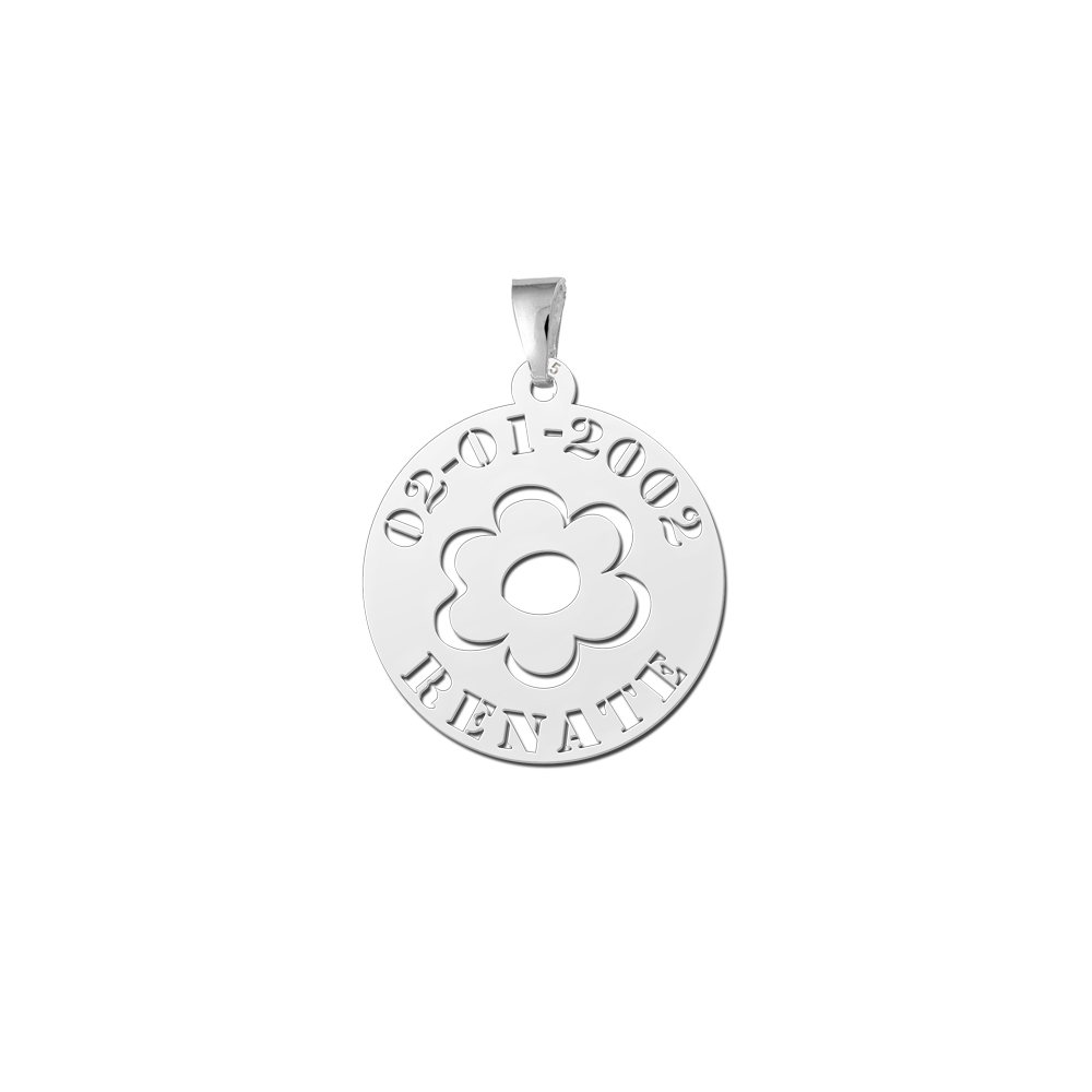 Silver Round Pendant Flower with Name and Date