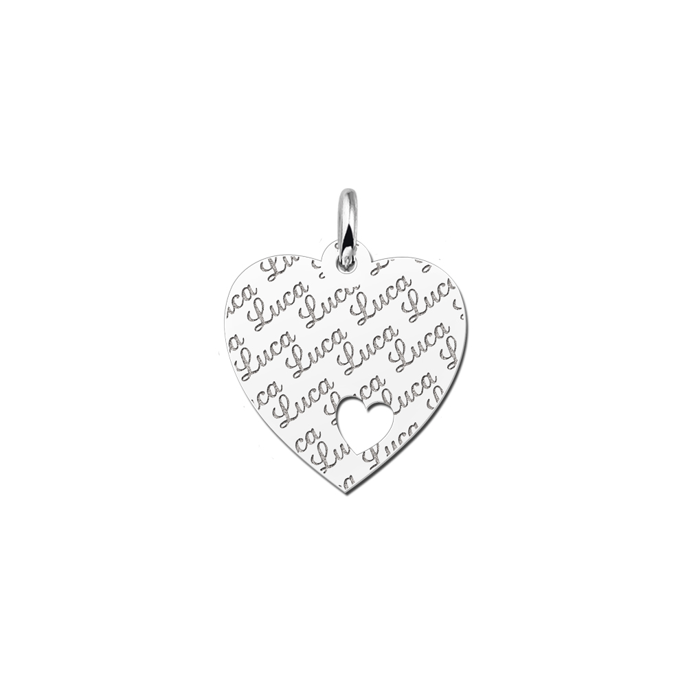 Silver Engraved Heart Necklace with Small Heart
