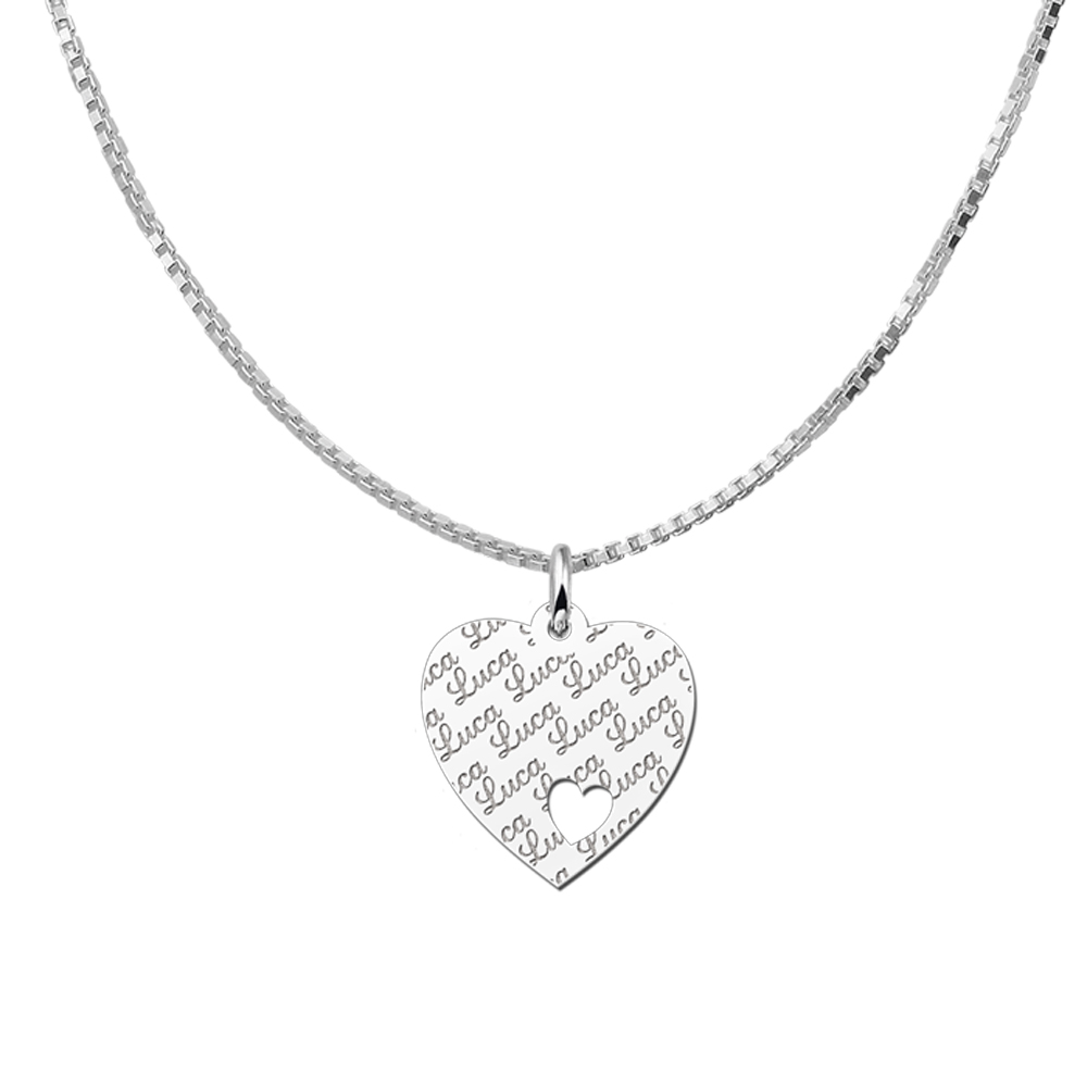 Silver Engraved Heart Necklace with Small Heart