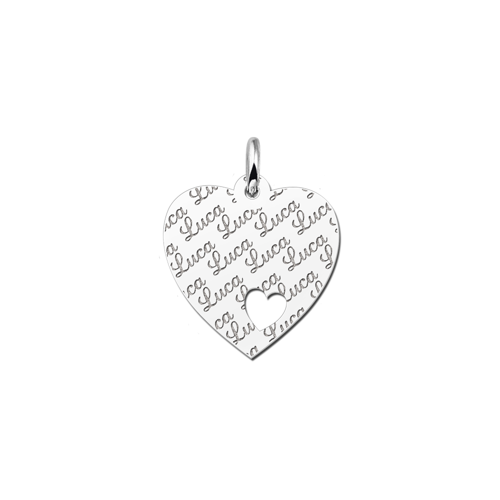 Silver Engraved Heart Necklace With Small Heart