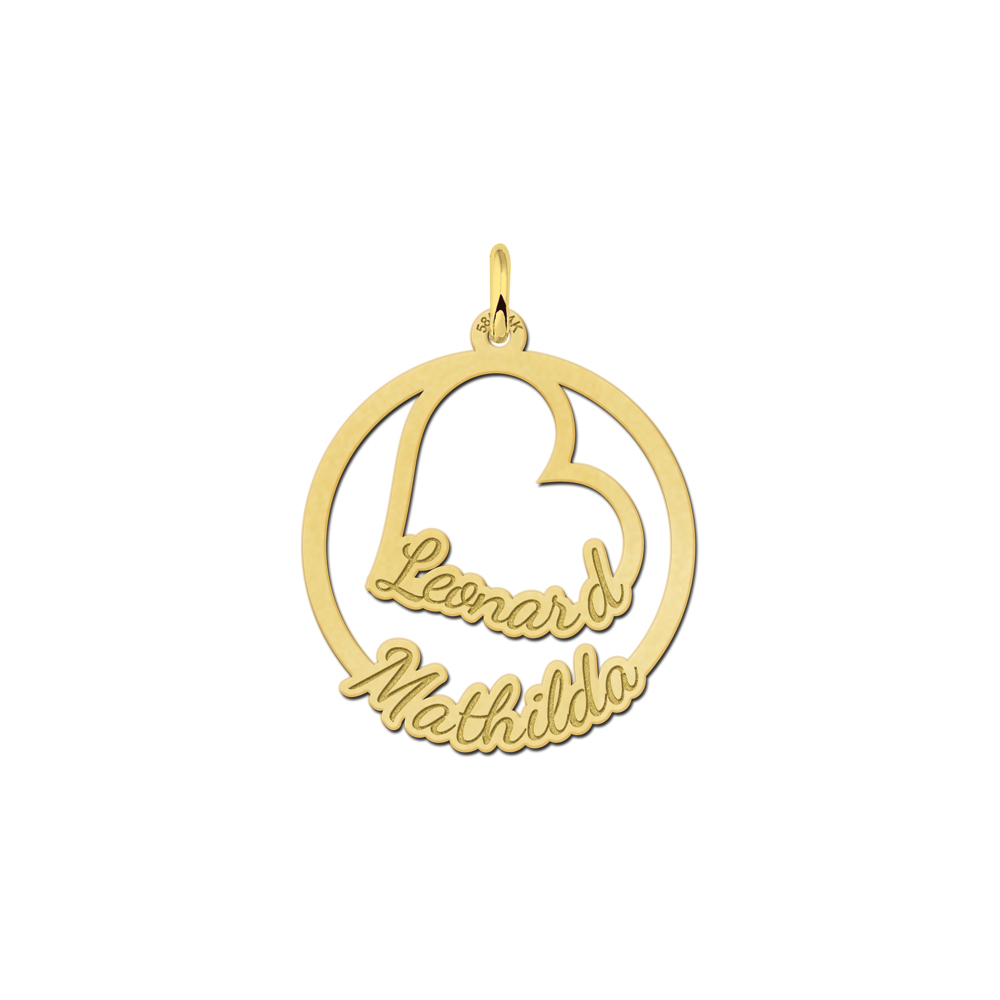 Gold pendant for two names heart shaped