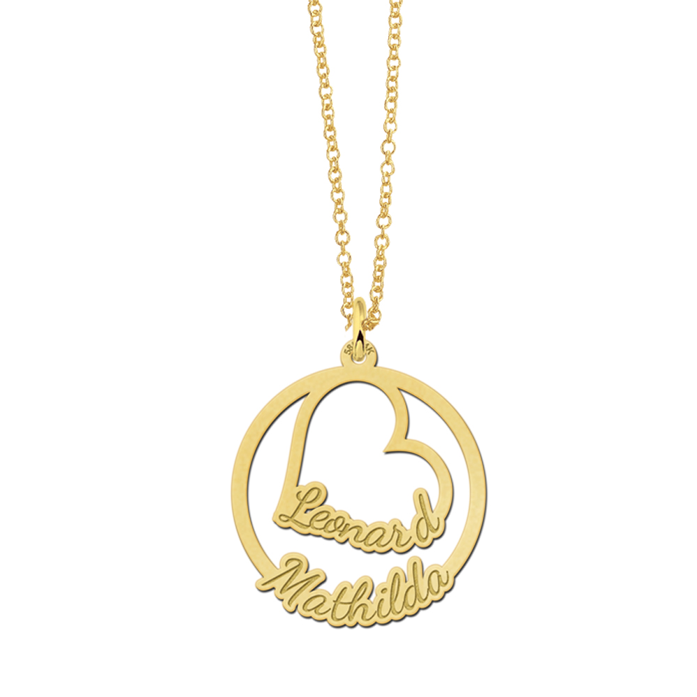 Gold pendant for two names heart shaped