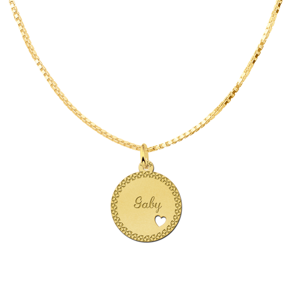 Gold Disc Necklace with Name, Border and Small Heart