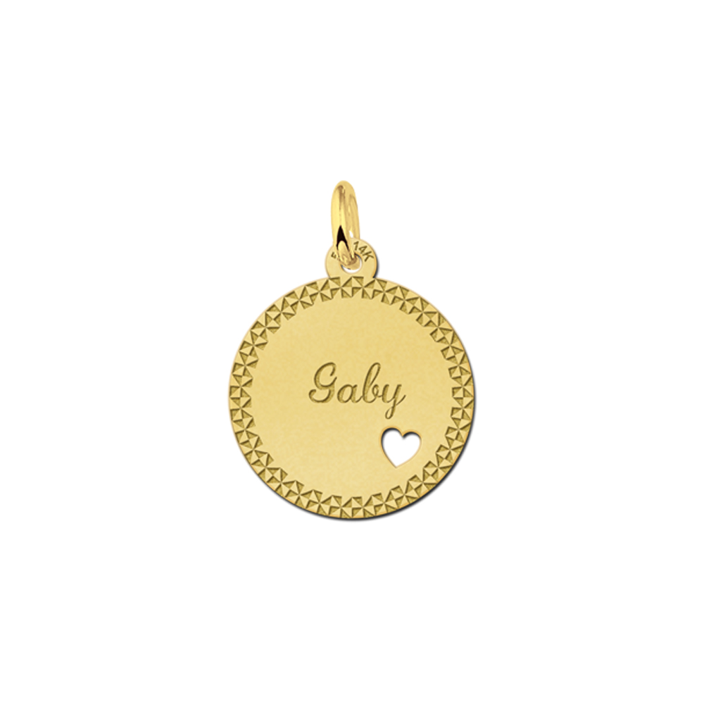Gold Disc Necklace with Name, Border and Small Heart