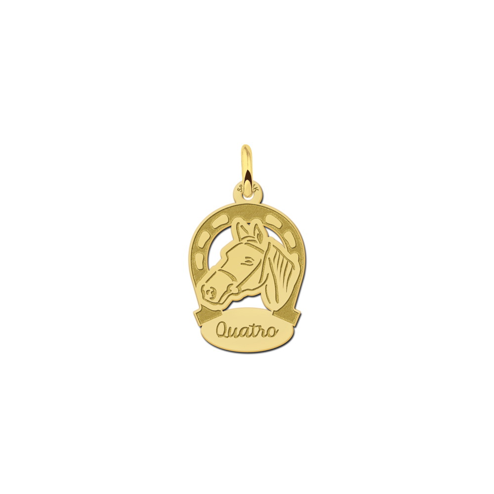 Golden pendant horsesshoe and horse with name engraving
