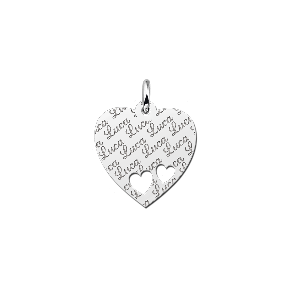 Silver fully engraved heart necklace with 2 hearts