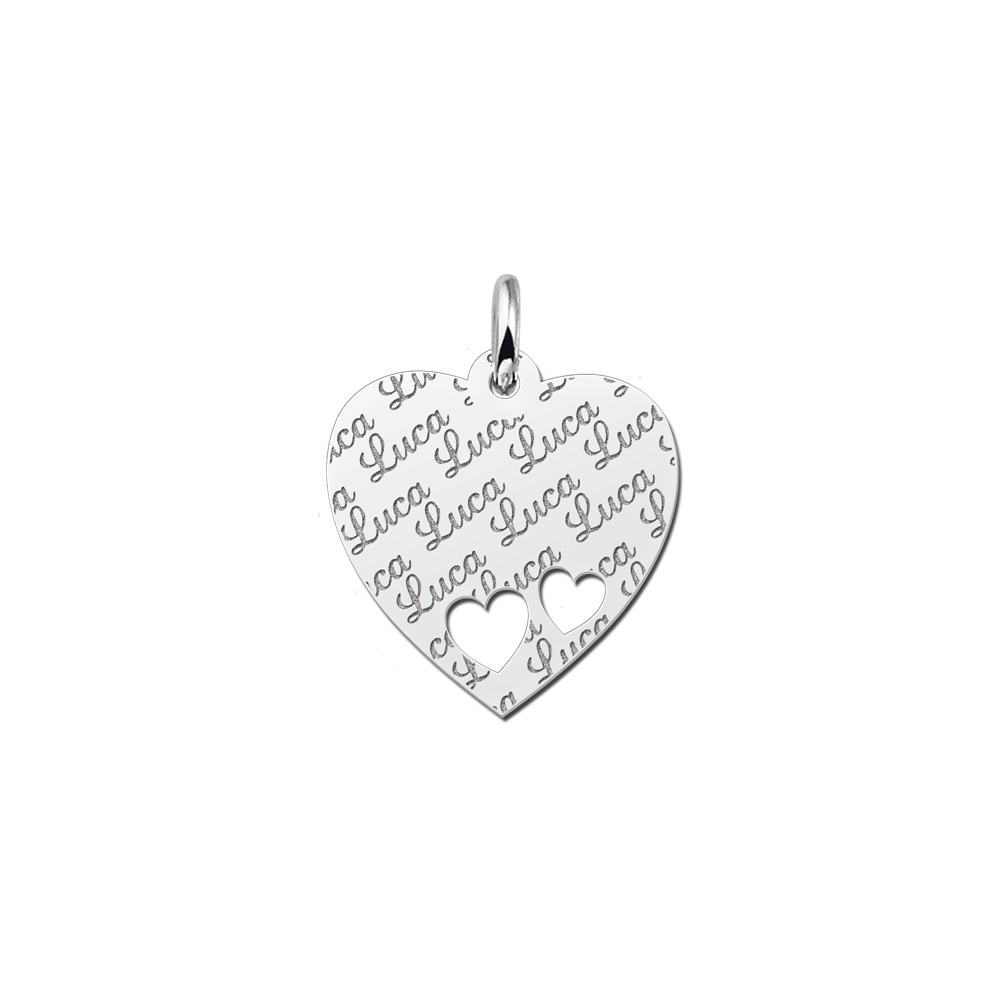 Silver Fully Engraved Heart Necklace With 2 Hearts