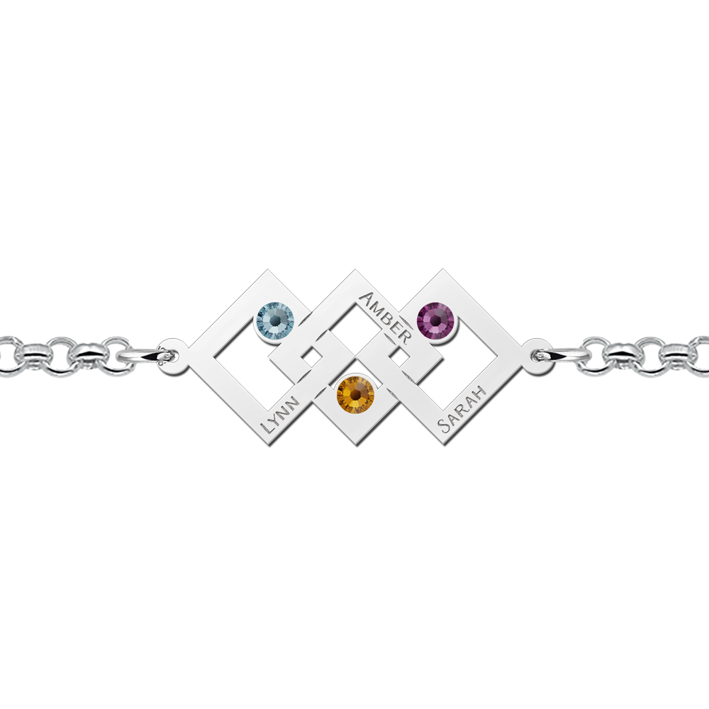Mother daughter bracelet silver three rectangles and birthstone