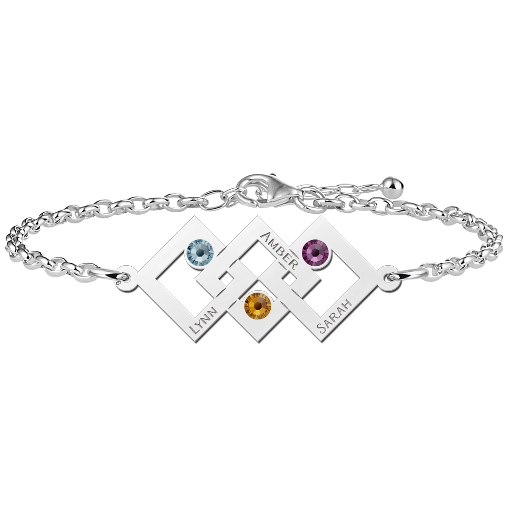 Mother daughter bracelet silver three rectangles and birthstone
