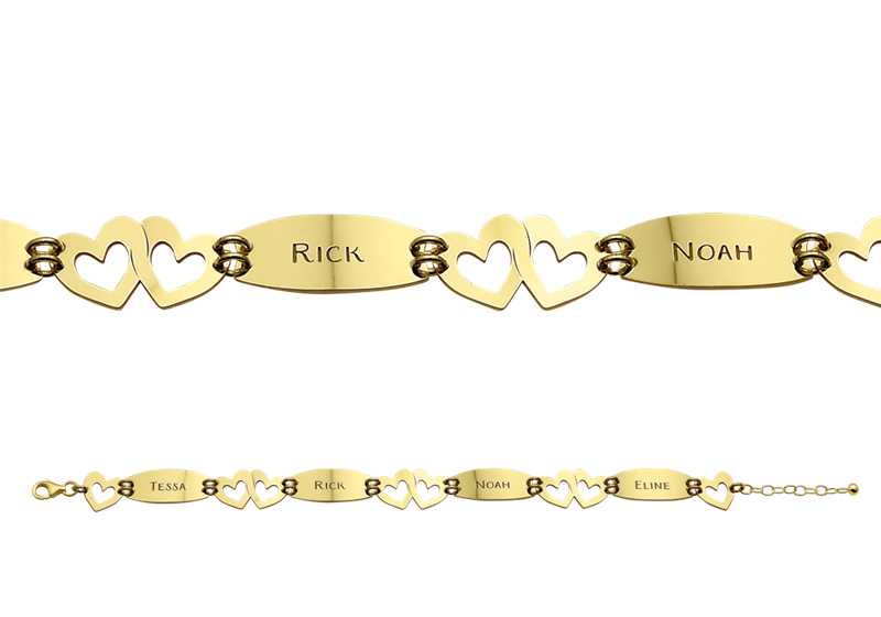 Gold name bracelet with 4 names and hearts