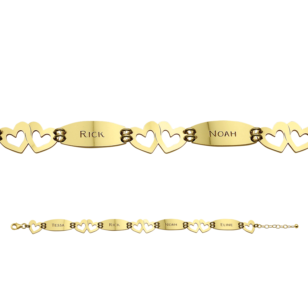 Gold name bracelet with 4 names and hearts