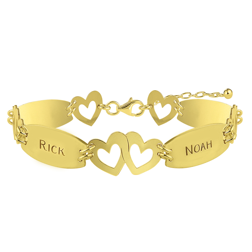 Gold name bracelet with 4 names and hearts