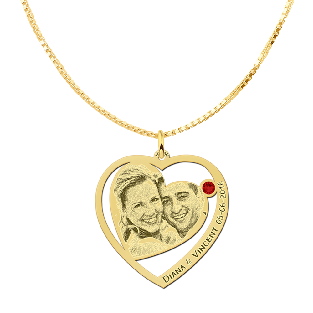 Photo pendant with heart and birthstone gold