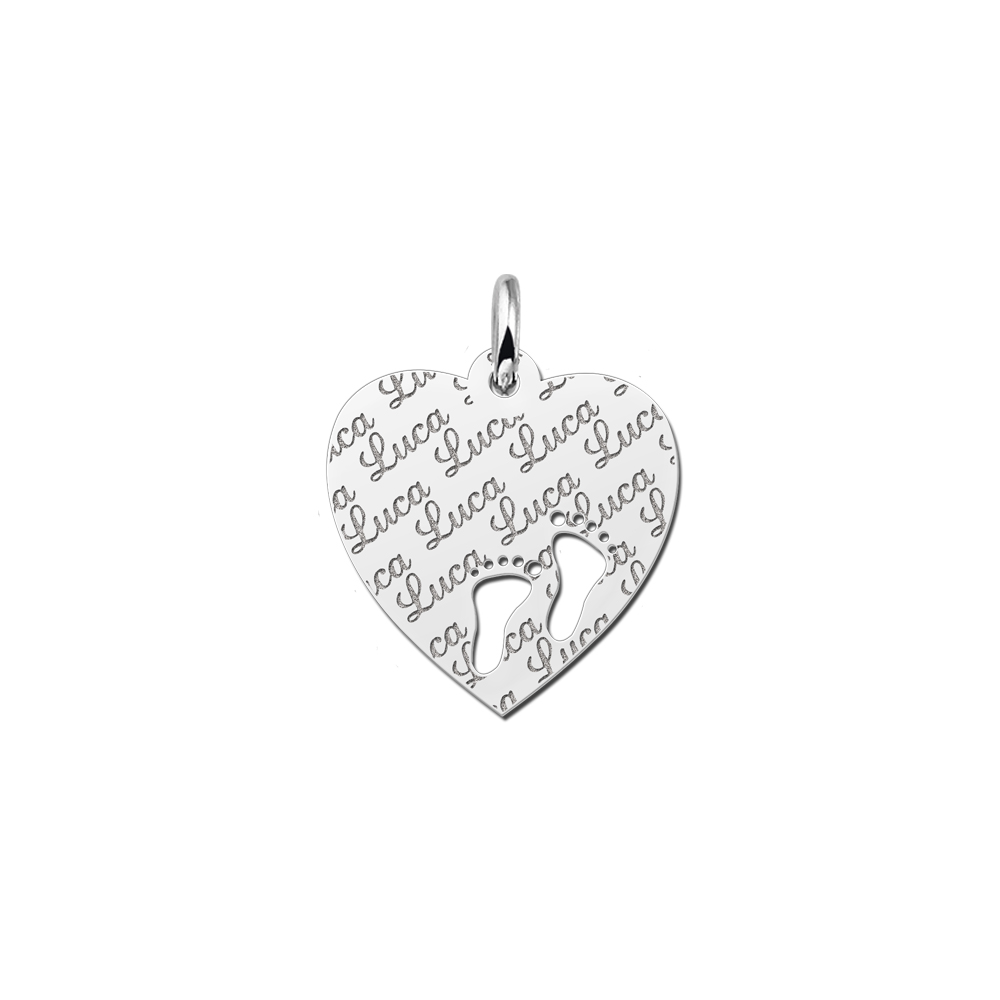 Silver Fully Engraved Heart Necklace with Feet
