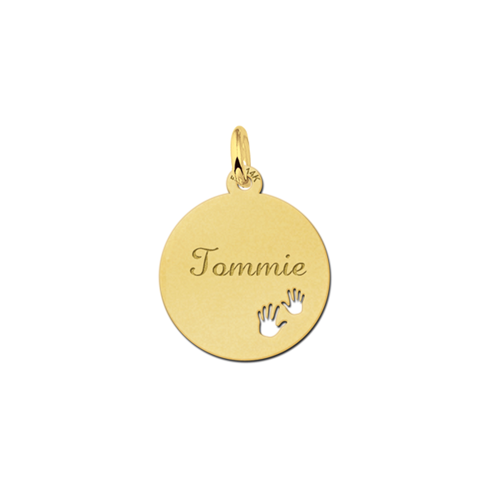 Gold Disc Necklace with Name and Hands