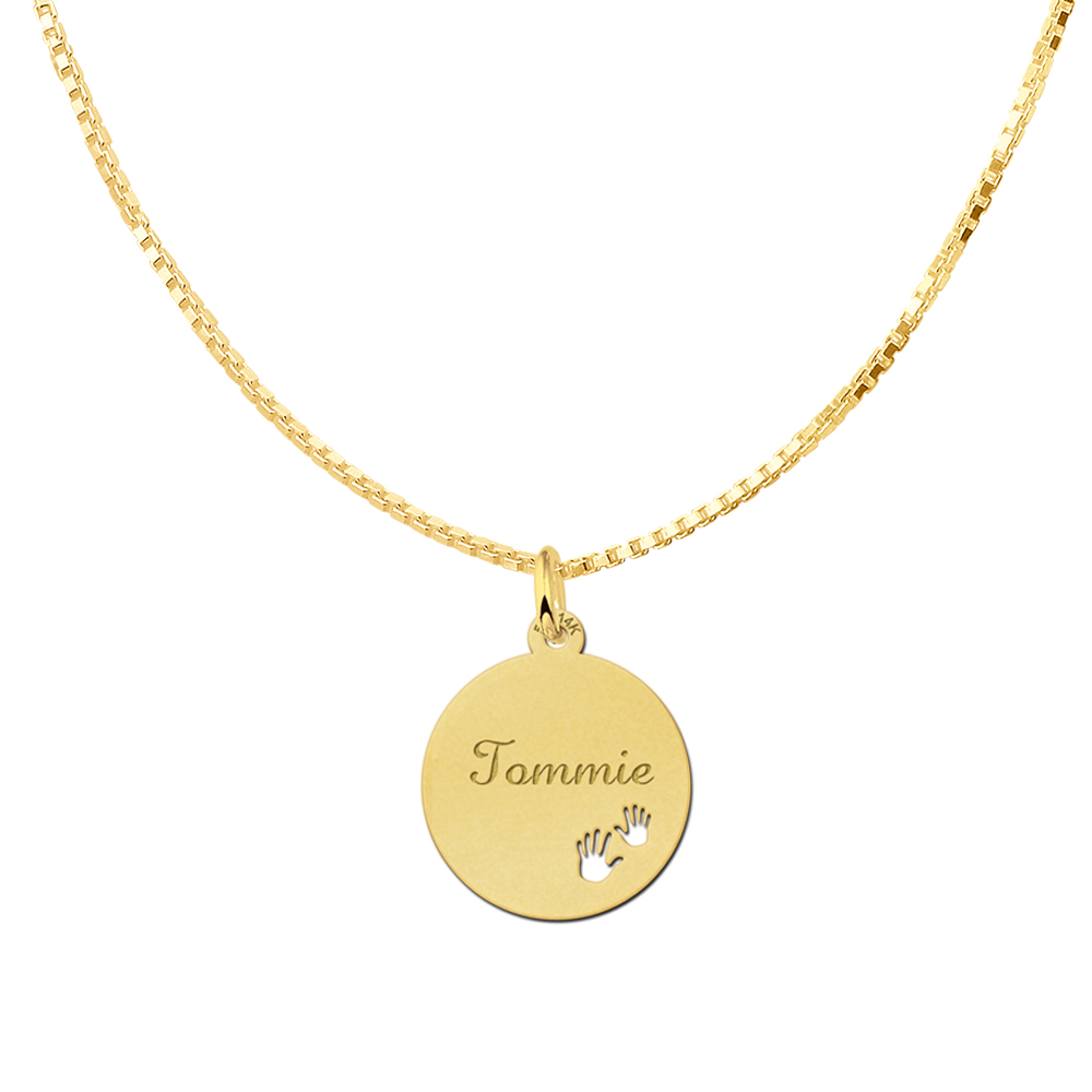 Gold Disc Necklace with Name and Hands