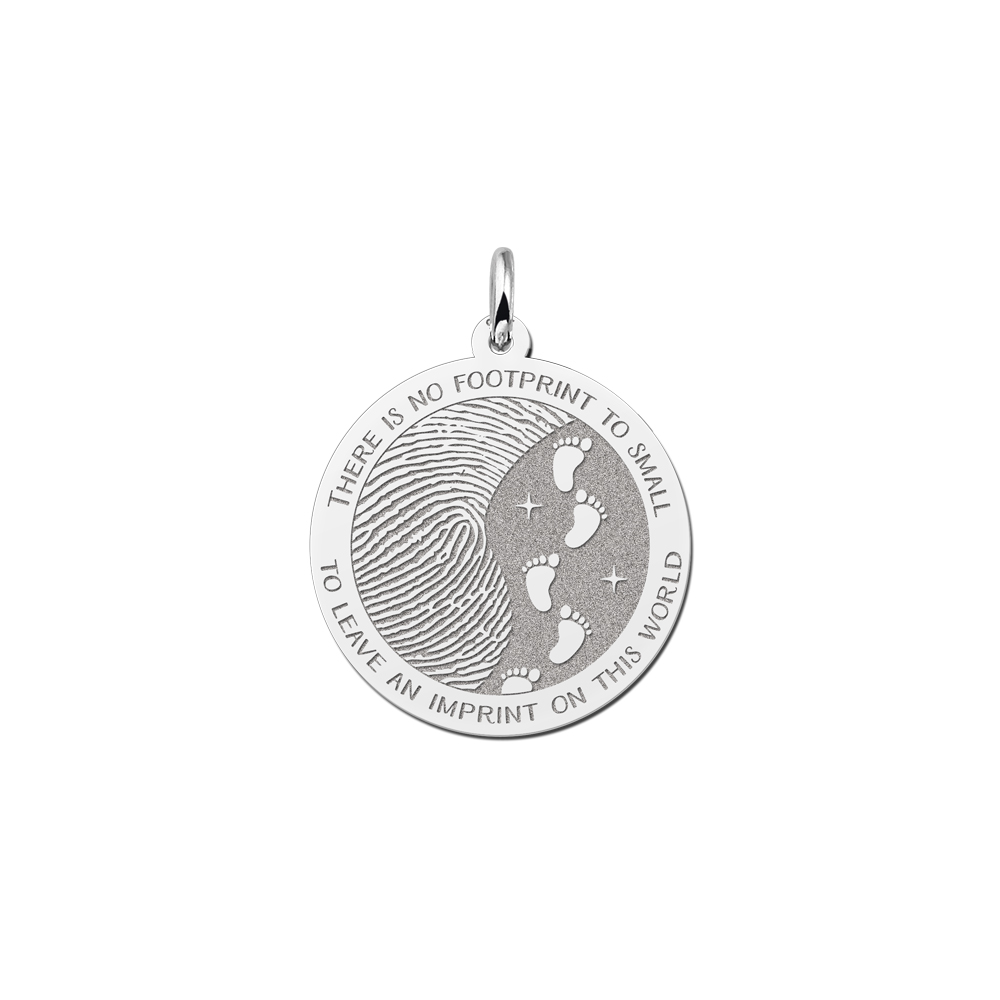 Silver round fingerprint pendant with footprints