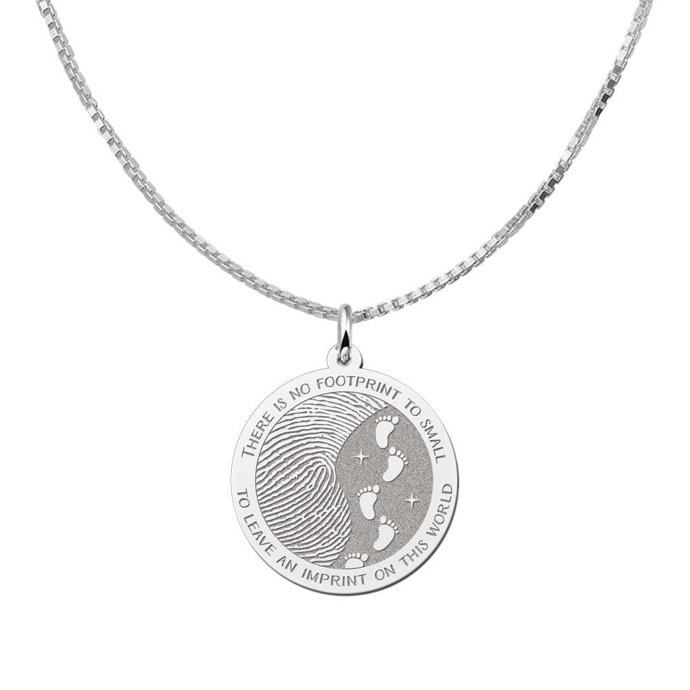 Silver round fingerprint pendant with footprints