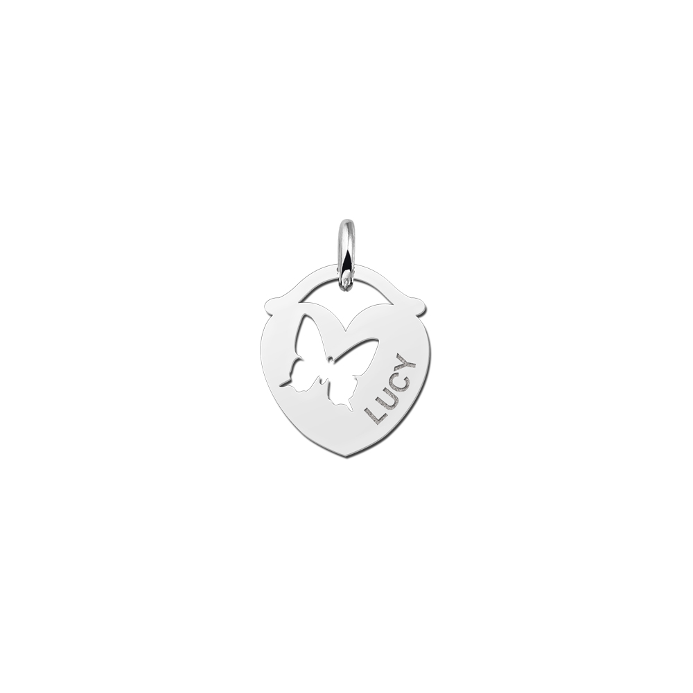 Silver pet namependant heart butterfly