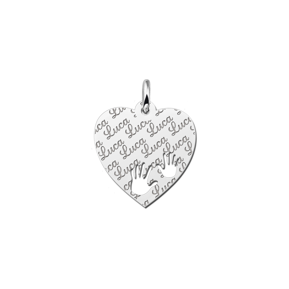 Silver Fully Engraved Heart Necklace with Hands