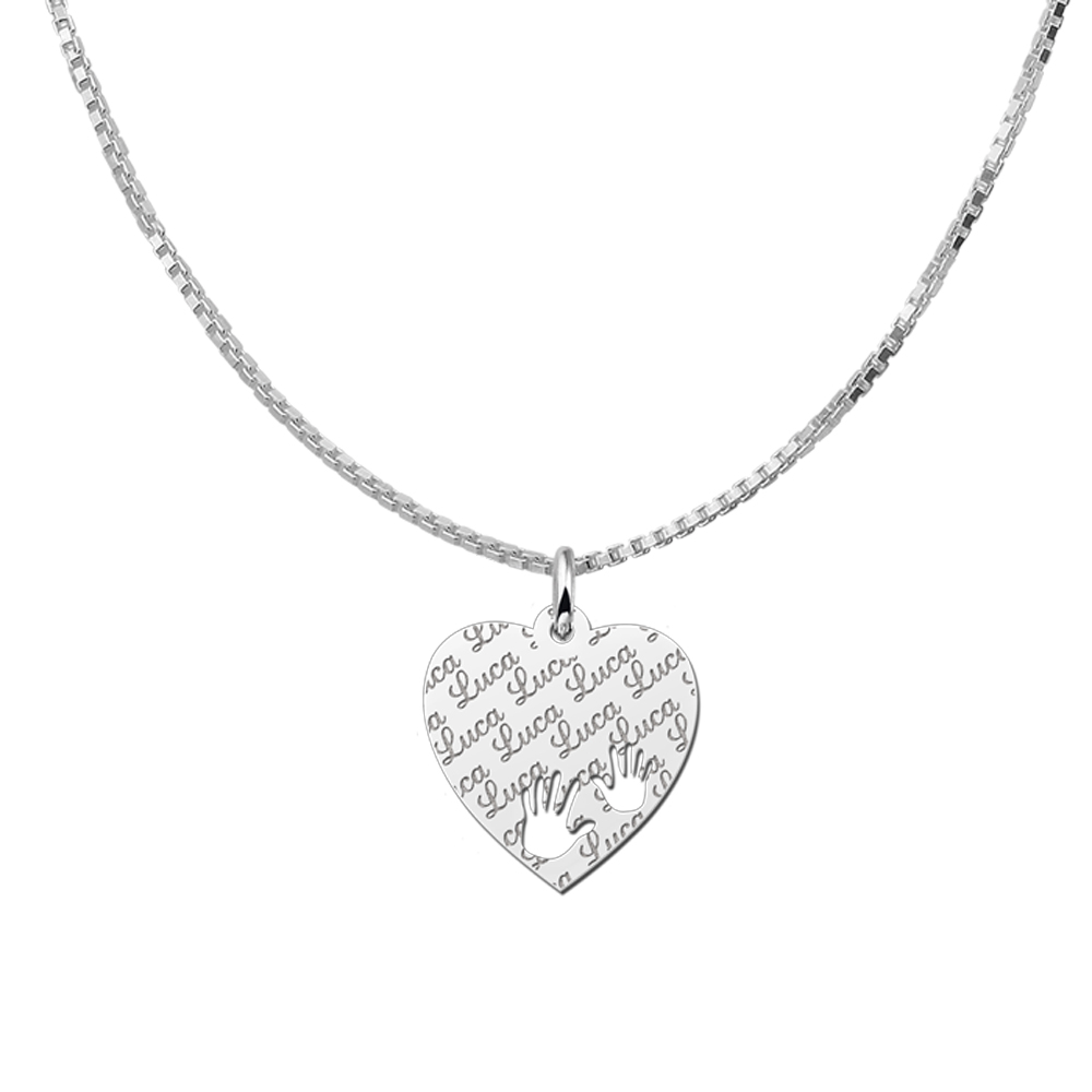 Silver Fully Engraved Heart Necklace with Hands