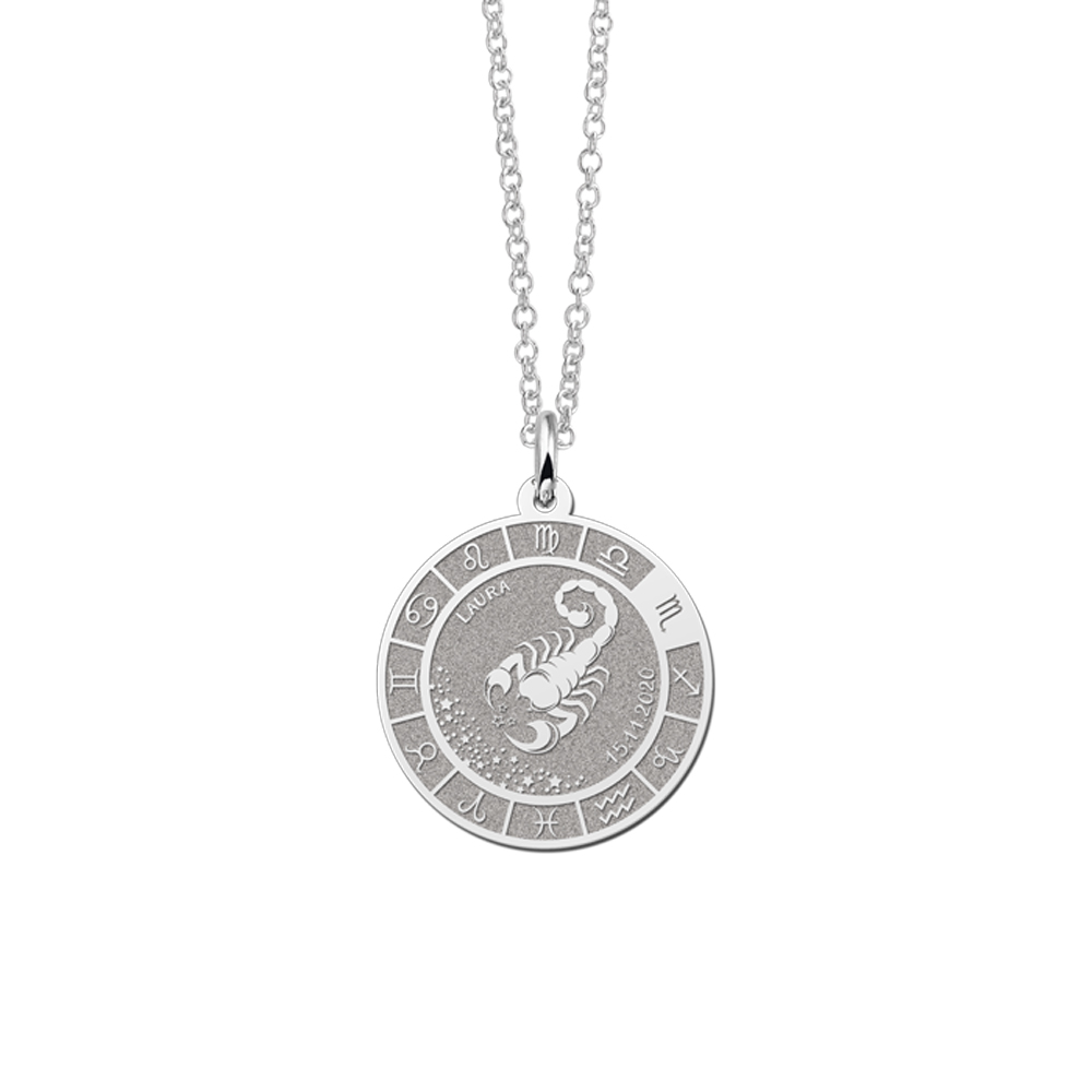 Silver Round Zodiac Pendant Scorpio with Name Engraving