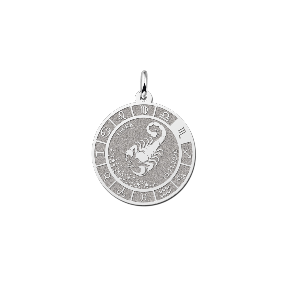 Silver Round Zodiac Pendant Scorpio with Name Engraving