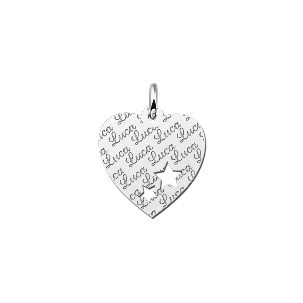 Repeatedly Engraved Silver Heart Nametag with Stars