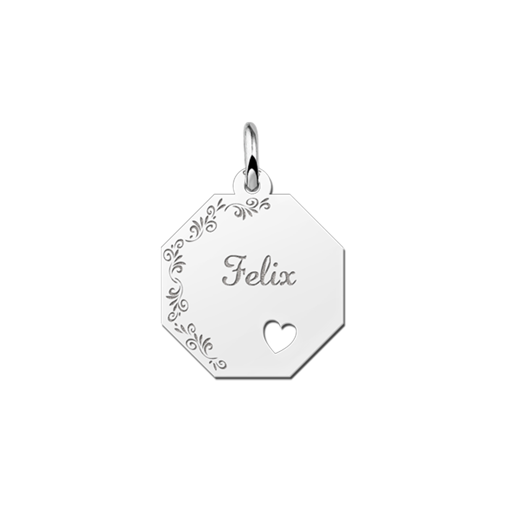 Silver octagonal pendant with floral border, name and heart