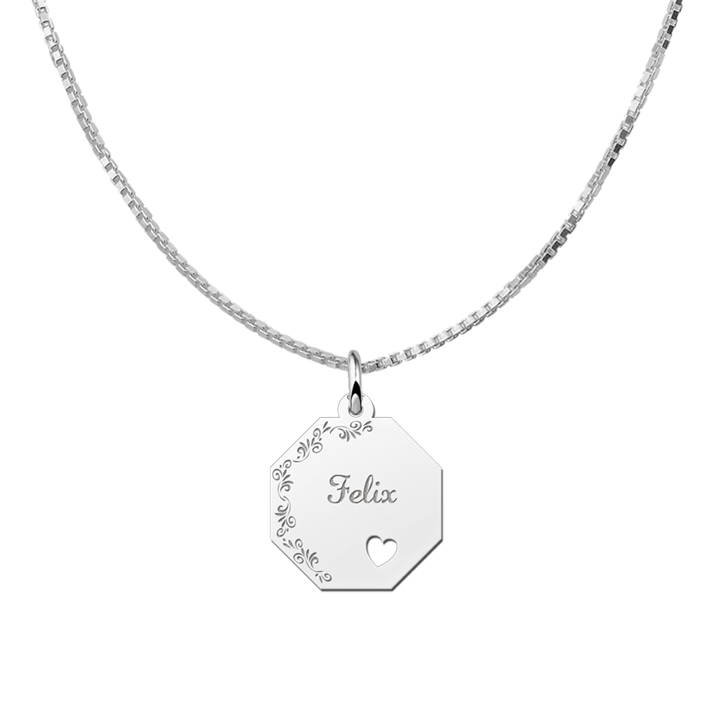 Silver octagonal pendant with floral border, name and heart