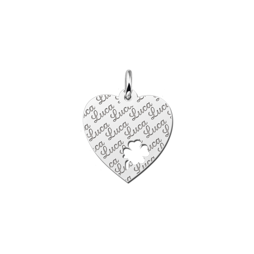 Repeatedly Engraved Silver Heart Nametag with Four Leaf Clover