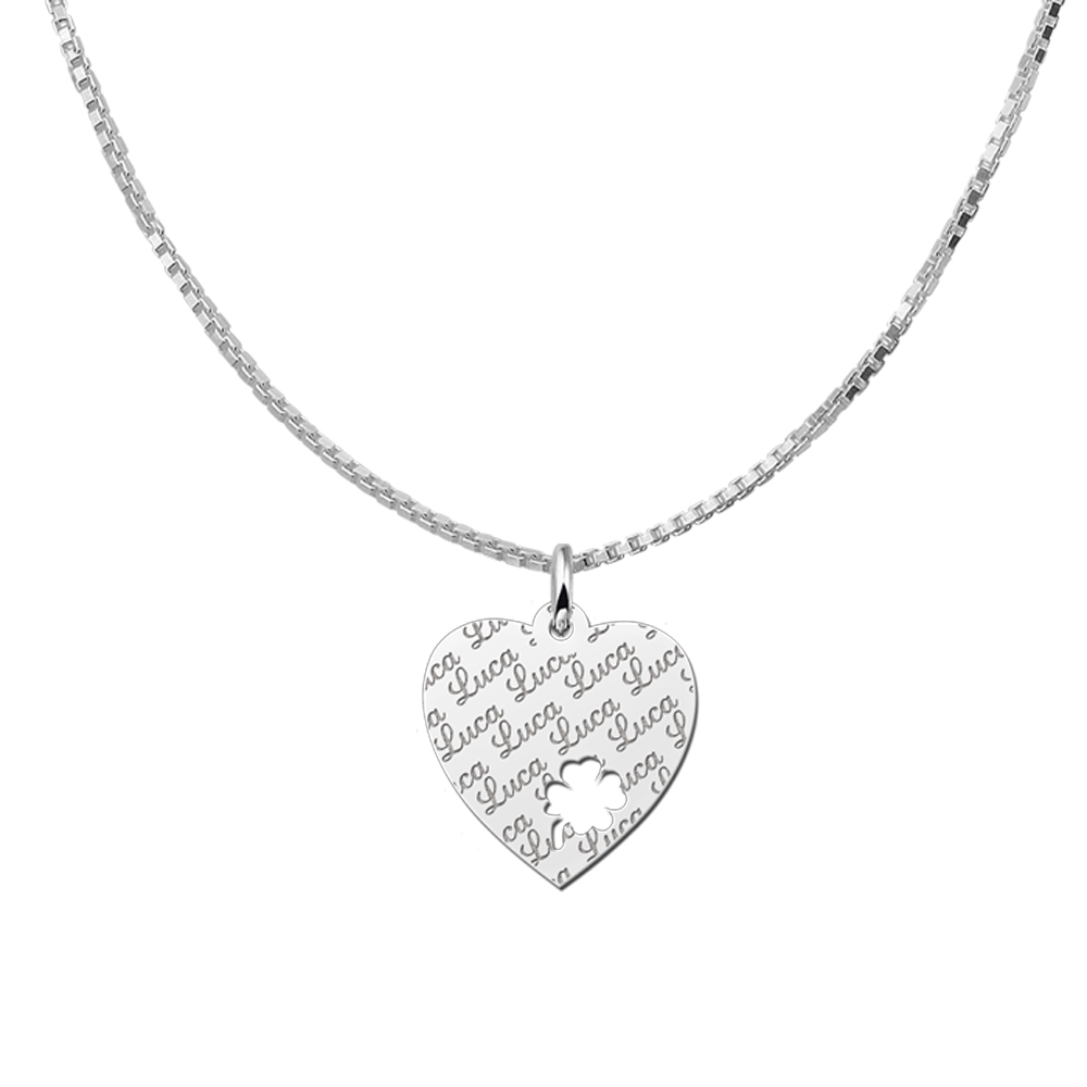 Repeatedly Engraved Silver Heart Nametag with Four Leaf Clover
