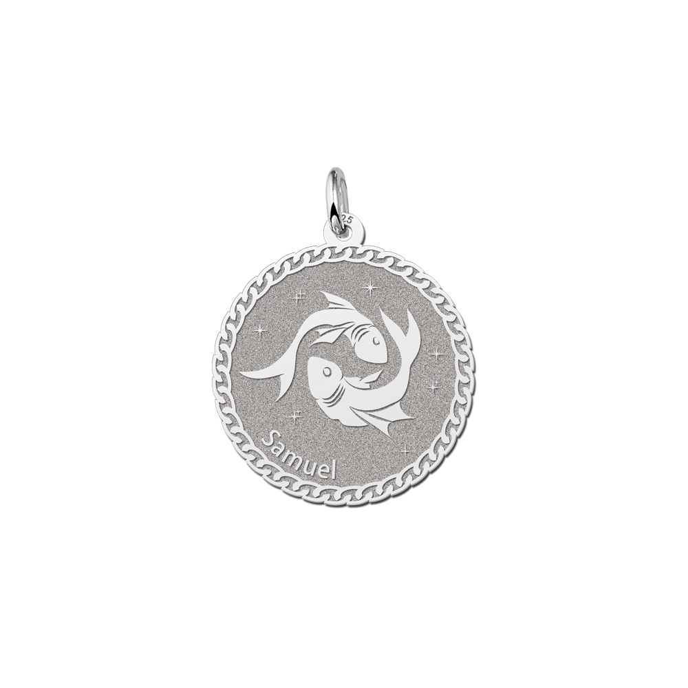 Silver Round Zodiac Pendant Pisces with Name Engraving