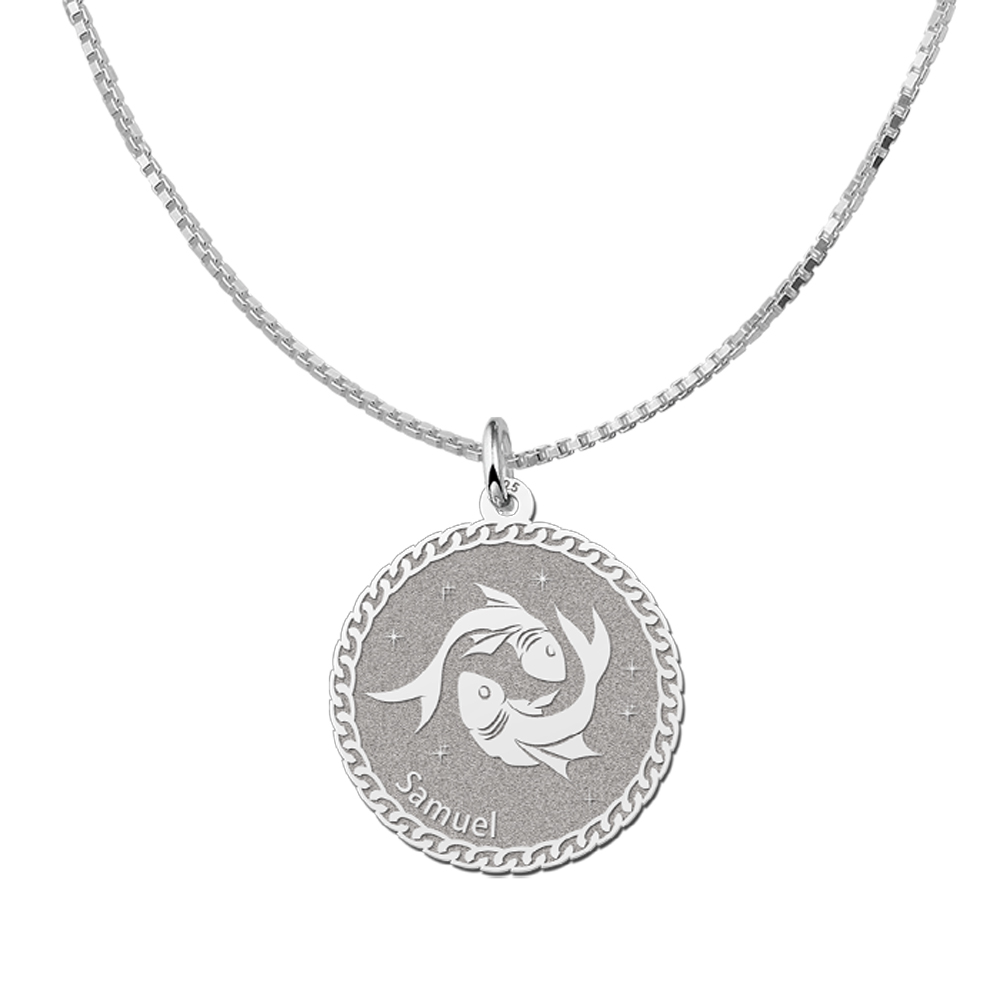 Silver Round Zodiac Pendant Pisces with Name Engraving