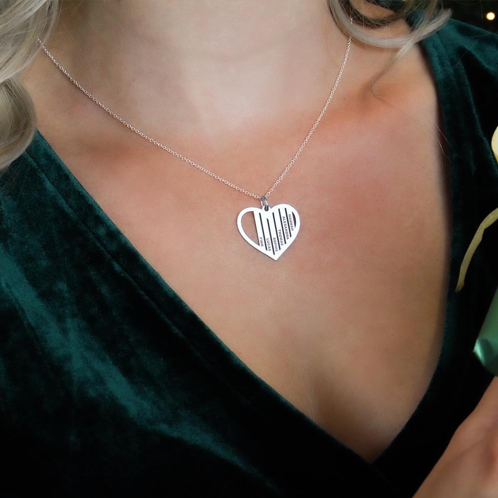 Silver family necklace heart shape with names