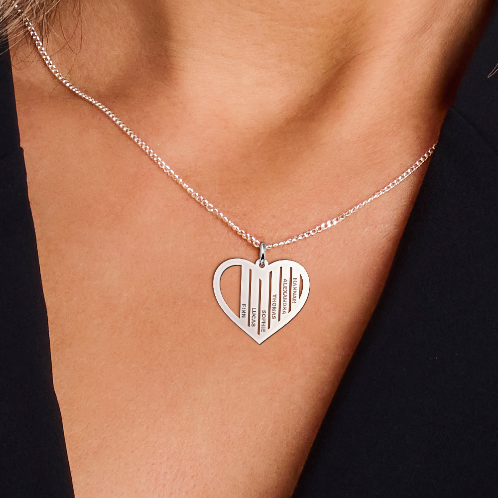 Silver family necklace heart shape with names