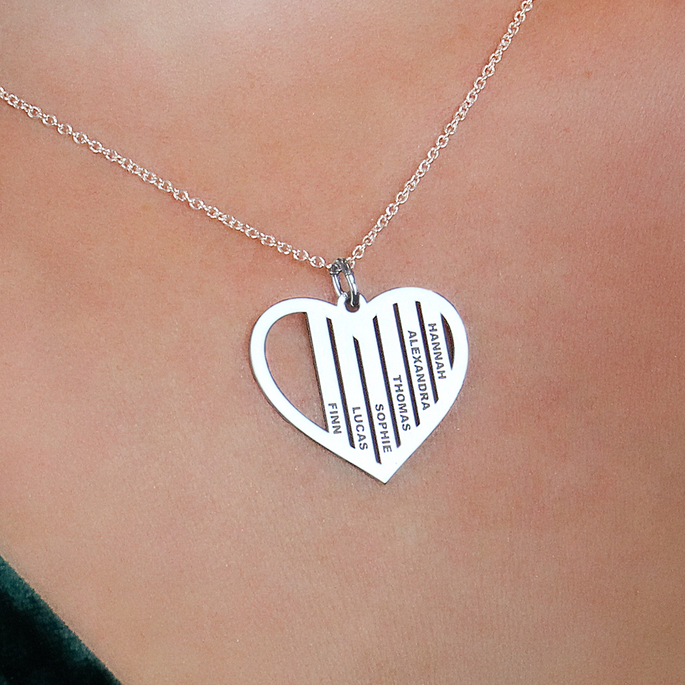 Silver family necklace heart shape with names