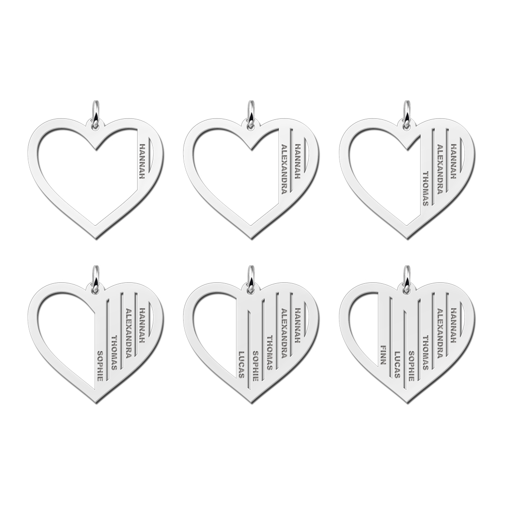 Silver family necklace heart shape with names