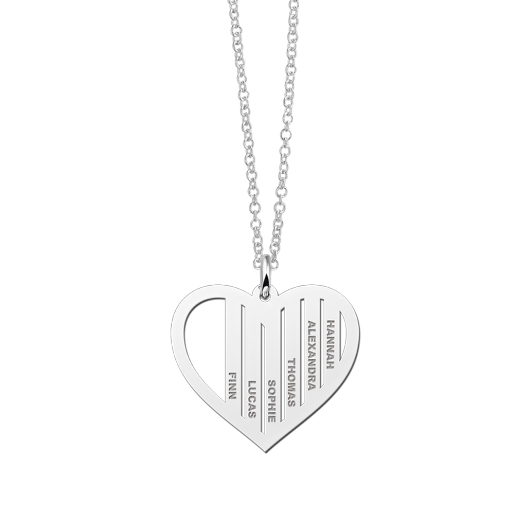 Silver family necklace heart shape with names