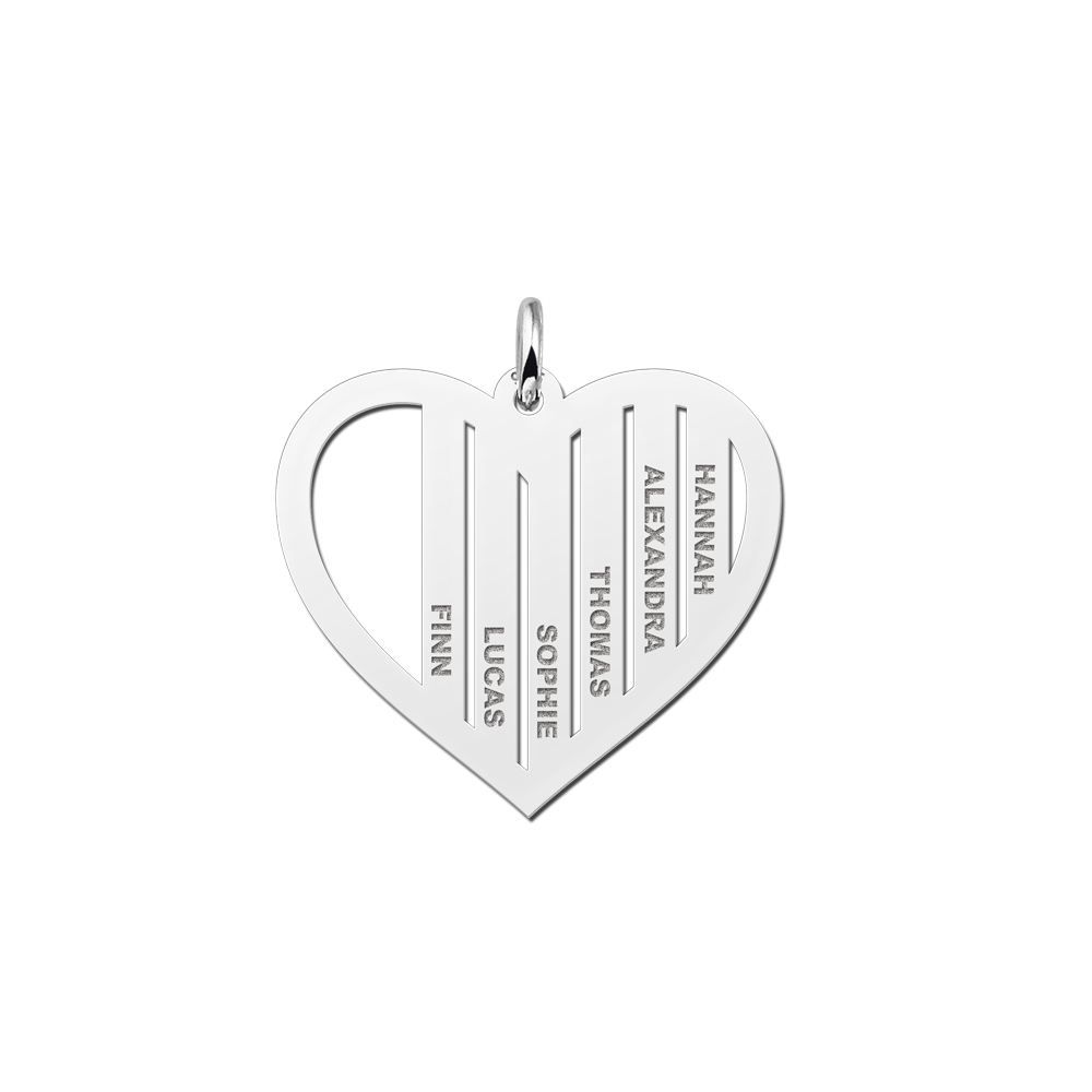 Silver family necklace heart shape with names