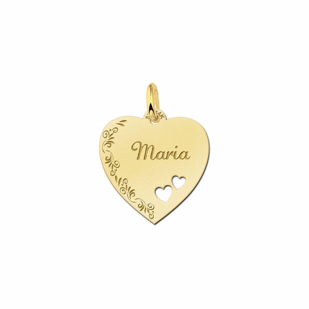 Gold Heart Engraved Necklace With Flowerborder and 2 Hearts