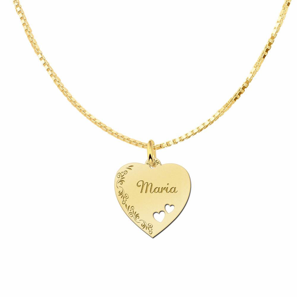 Gold Heart Engraved Necklace With Flowerborder and 2 Hearts