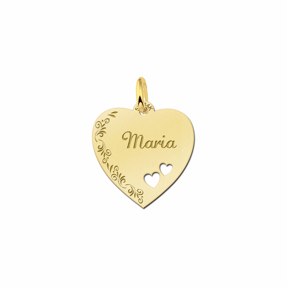 Gold heart engraved necklace with flowerborder and 2 hearts