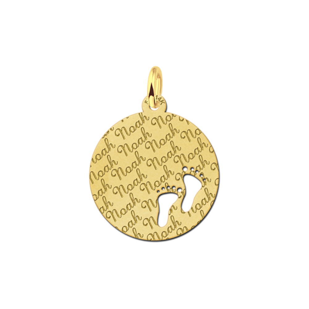 Repeatedly Engraved Gold Disc Necklace with Babyfeet