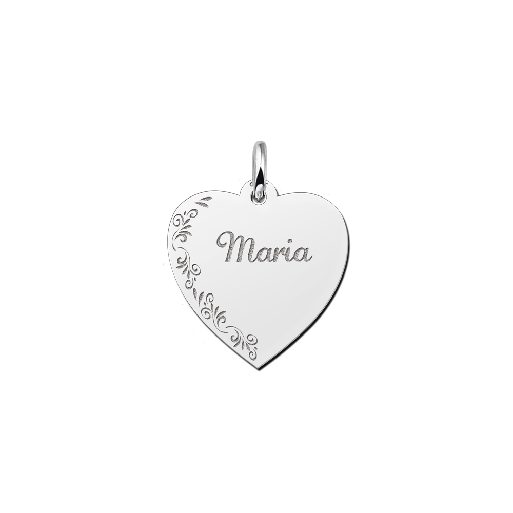 Silver Heart Necklace with Name and Flowers