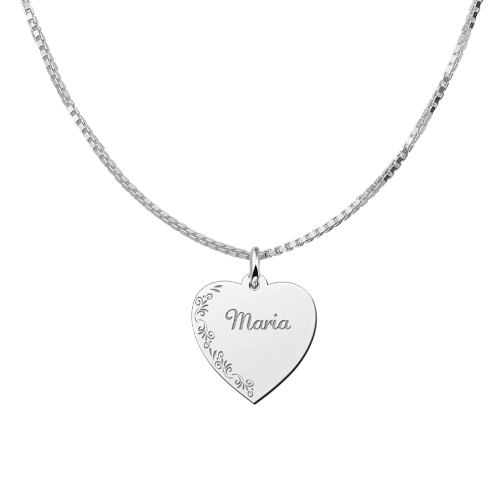 Silver Heart Necklace with Name and Flowers